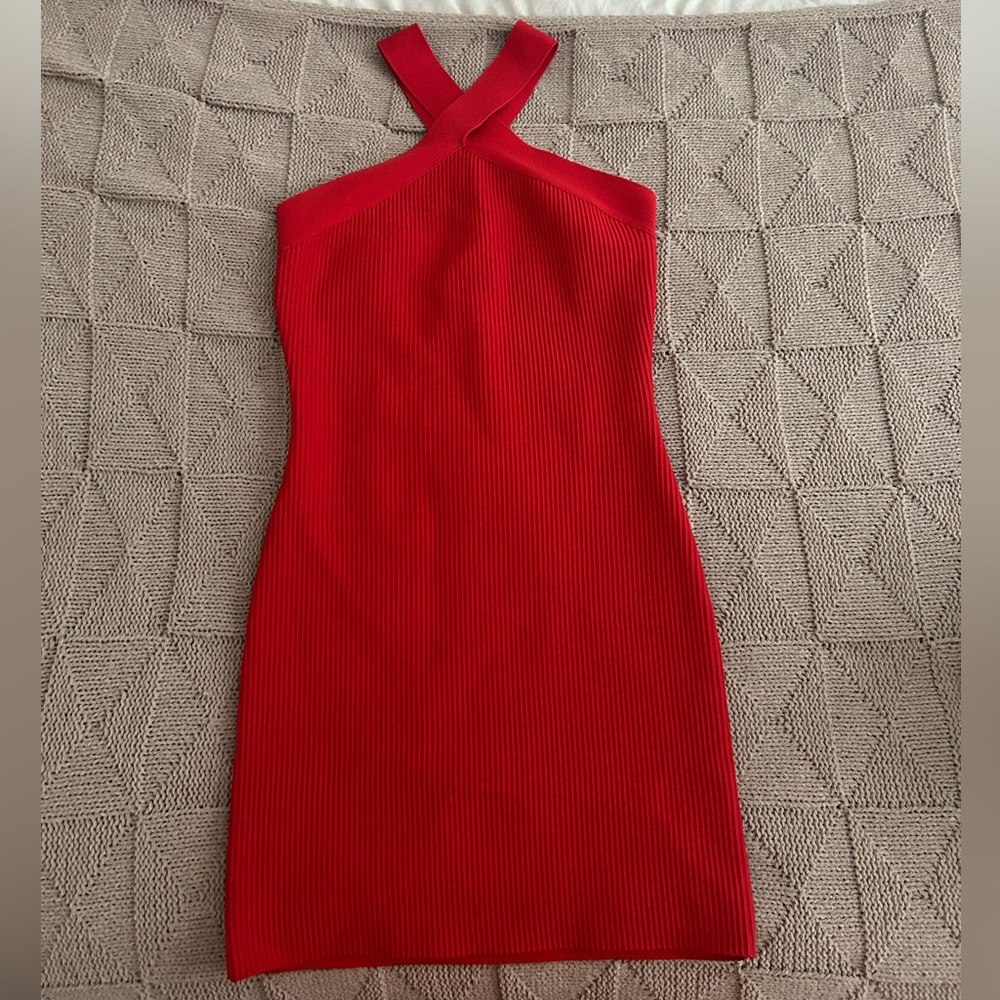 Red ribbed body con dress